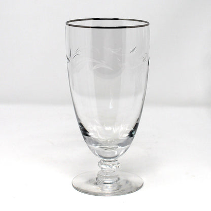 Iced Tea / Goblets, Tiffin, Lyndley Platinum Trim, Cut Leaves, Faceted Stem, Blown Glass, Set of 4, Vintage