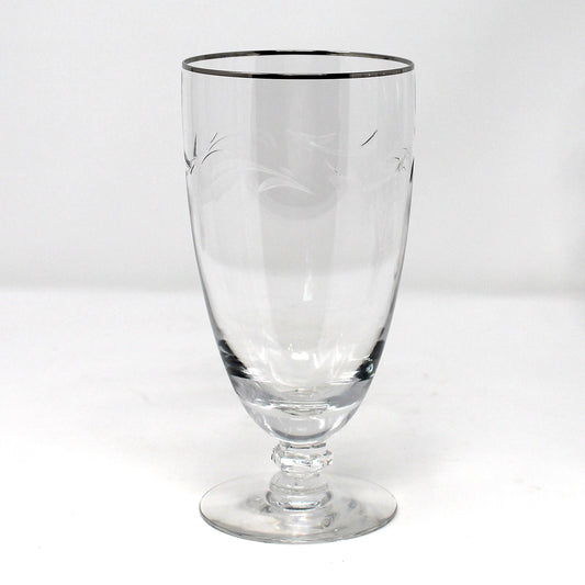 Iced Tea / Goblets, Tiffin, Lyndley Platinum Trim, Cut Leaves, Faceted Stem, Blown Glass, Set of 4, Vintage