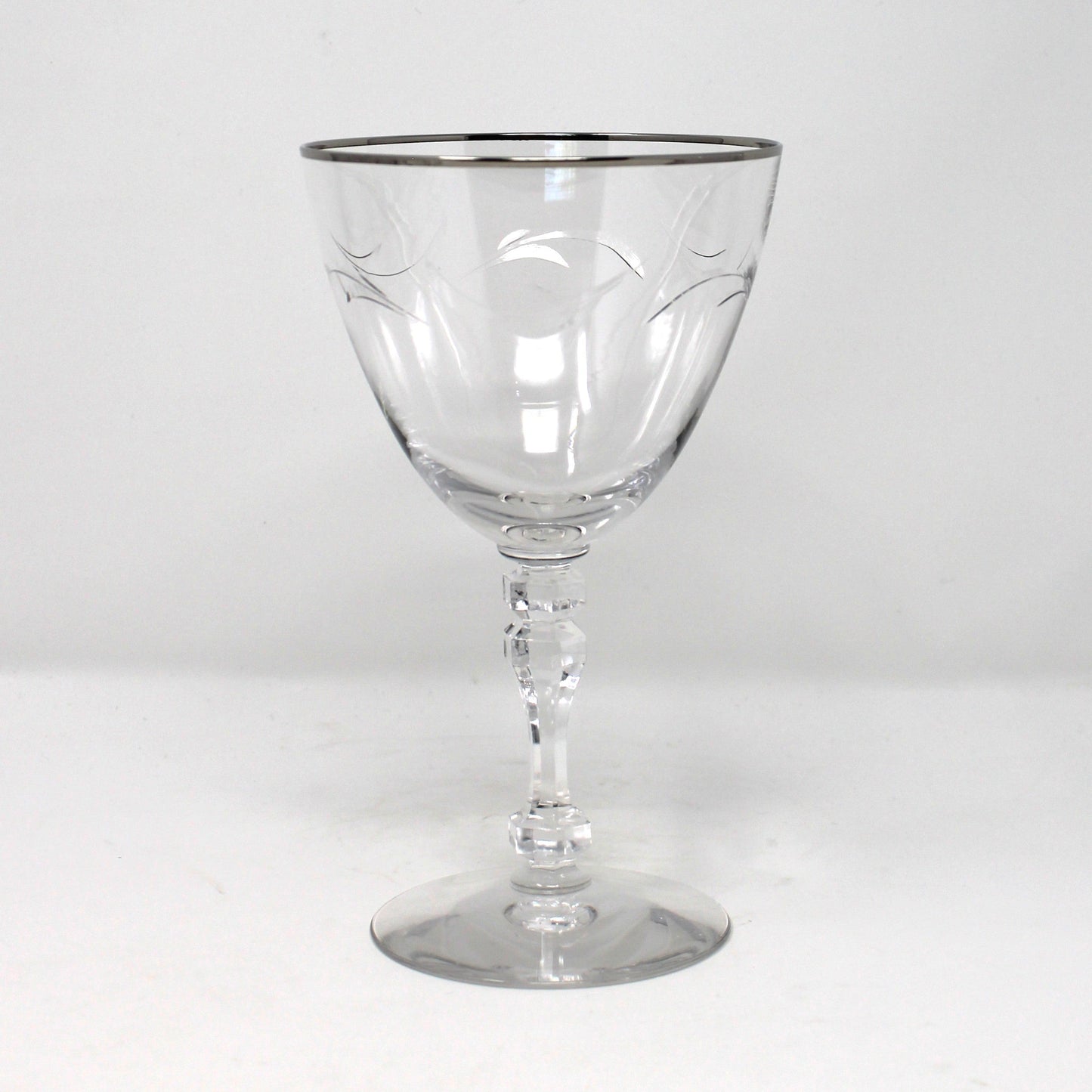 Water Goblets, Tiffin, Lyndley Platinum Trim, Cut Leaves, Faceted Stem 17646, Blown Glass, Set of 3, Vintage