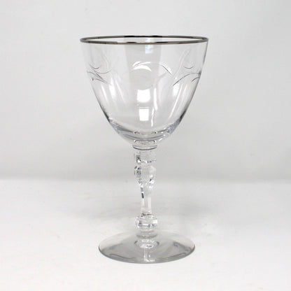 Water Goblets, Tiffin, Lyndley Platinum Trim, Cut Leaves, Faceted Stem 17646, Blown Glass, Set of 3, Vintage