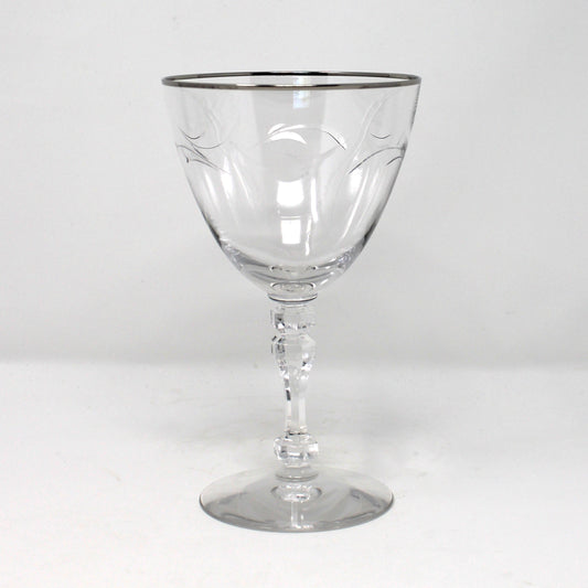 Vintage blown glass goblet. Lyndley Pattern from Tiffin Franciscan with Platinum Rims. Faceted Stem #17646, Barware, Stemware, Drinkware
