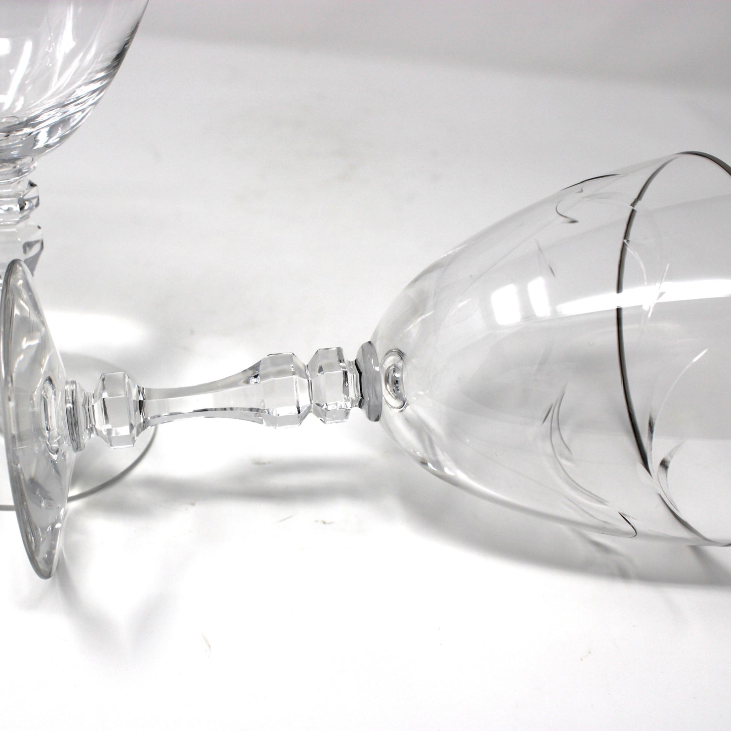 Water Goblets, Tiffin, Lyndley Platinum Trim, Cut Leaves, Faceted Stem 17646, Blown Glass, Set of 3, Vintage