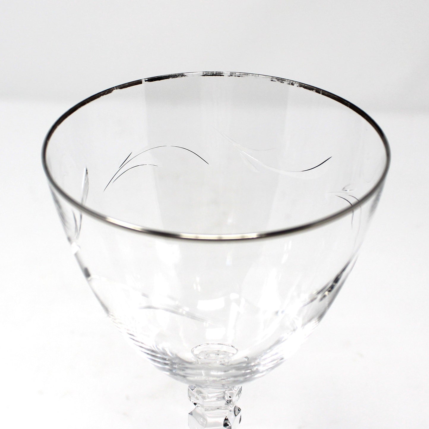 Water Goblets, Tiffin, Lyndley Platinum Trim, Cut Leaves, Faceted Stem 17646, Blown Glass, Set of 3, Vintage