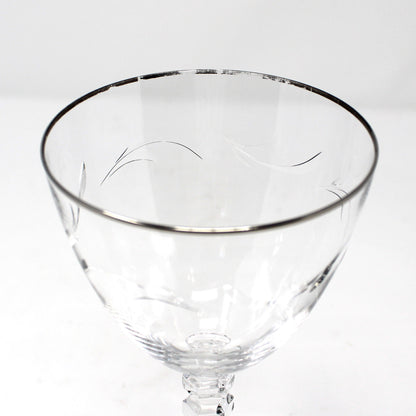 Water Goblets, Tiffin, Lyndley Platinum Trim, Cut Leaves, Faceted Stem 17646, Blown Glass, Set of 3, Vintage