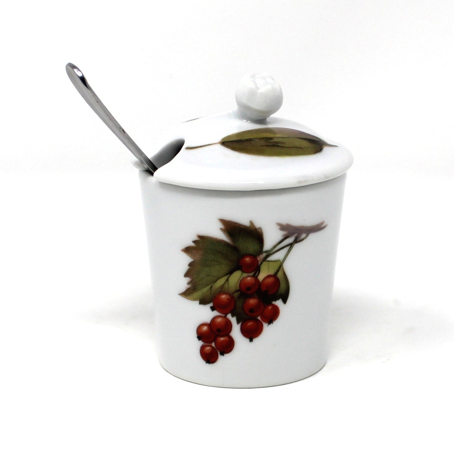Vintage Mustard Jar, Evesham Gold Condiment Pot with Lid and Serving Spoon by Royal Worcester, Berries & Leaves.