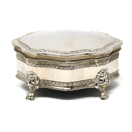 Trinket Box, Jewelry Casket, Silverplate, Lion’s Head Footed, Ornate Victorian Style, Vintage