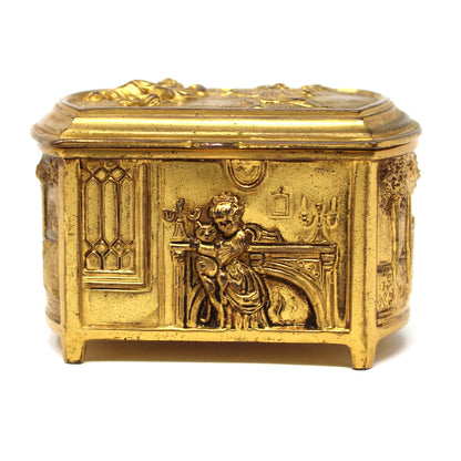 Trinket Box, Jewelry Casket, Weidlich Bros WB, Gilt Ornate Colonial Scenes, Silk Lined, Antique