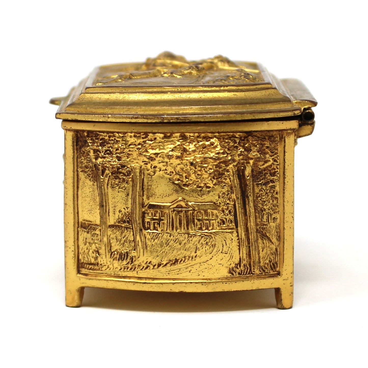 Trinket Box, Jewelry Casket, Weidlich Bros WB, Gilt Ornate Colonial Scenes, Silk Lined, Antique