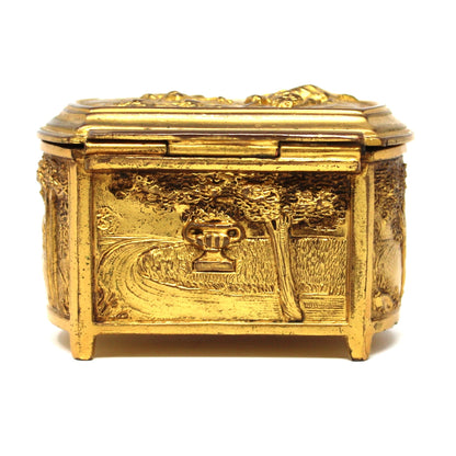 Trinket Box, Jewelry Casket, Weidlich Bros WB, Gilt Ornate Colonial Scenes, Silk Lined, Antique