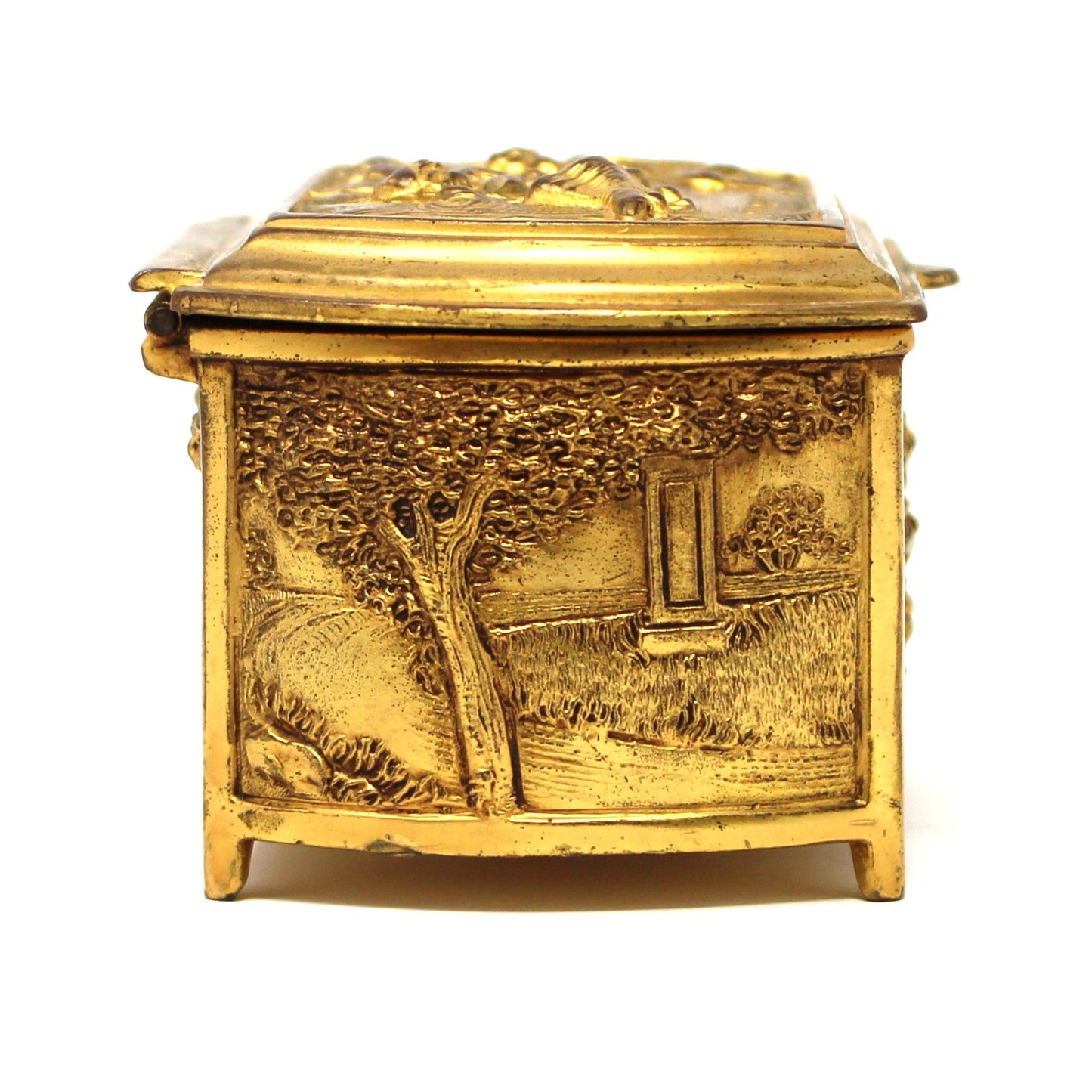 Trinket Box, Jewelry Casket, Weidlich Bros WB, Gilt Ornate Colonial Scenes, Silk Lined, Antique