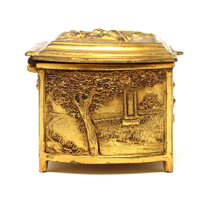 Trinket Box, Jewelry Casket, Weidlich Bros WB, Gilt Ornate Colonial Scenes, Silk Lined, Antique
