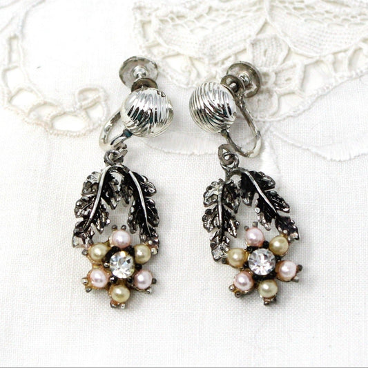 Earrings, Coro, Dangle Pearl Flowers with Leaves, Silver-Tone, Screw Backs, Vintage