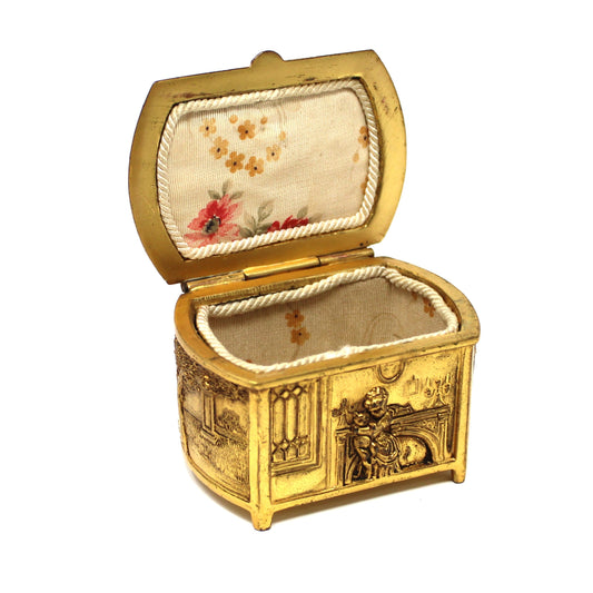 Trinket Box, Jewelry Casket, Weidlich Bros WB, Gilt Ornate Colonial Scenes, Silk Lined, Antique