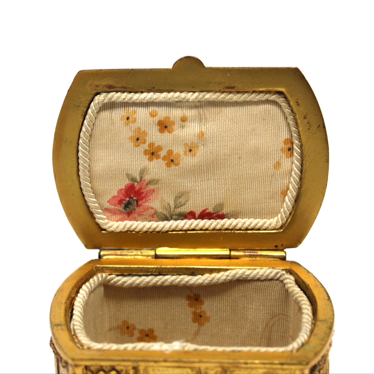 Trinket Box, Jewelry Casket, Weidlich Bros WB, Gilt Ornate Colonial Scenes, Silk Lined, Antique