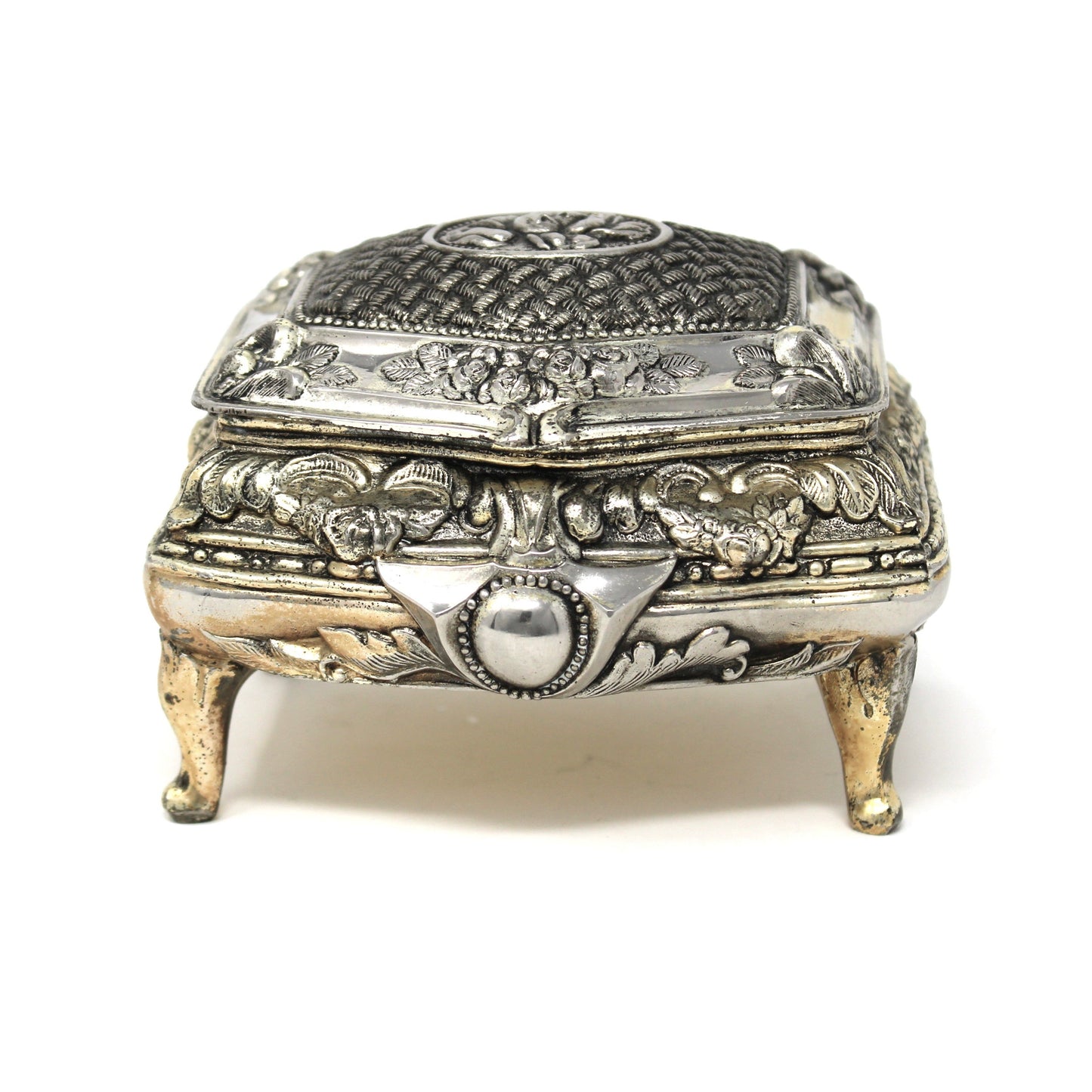 Vintage Jewelry Casket, Silverplated Cast Metal with Embossed Ornate Roses.  Elegant Hollywood Regency Style. Mid Century Box