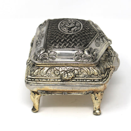 Trinket Box, Jewelry Casket, Hollywood Regency Ornate Roses, Silverplated, Footed, Mid Century Japan