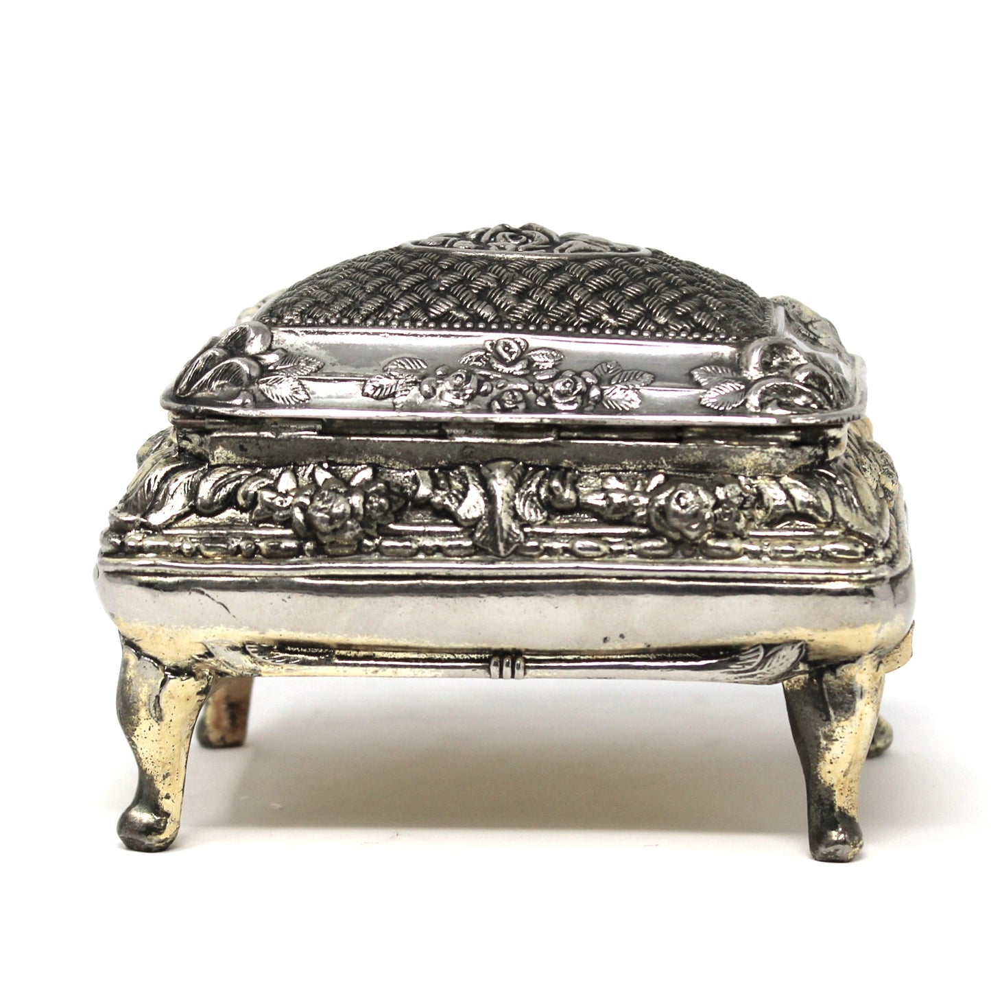 Trinket Box, Jewelry Casket, Hollywood Regency Ornate Roses, Silverplated, Footed, Mid Century Japan