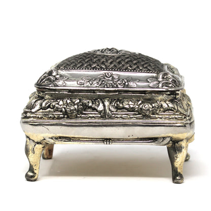Trinket Box, Jewelry Casket, Hollywood Regency Ornate Roses, Silverplated, Footed, Mid Century Japan