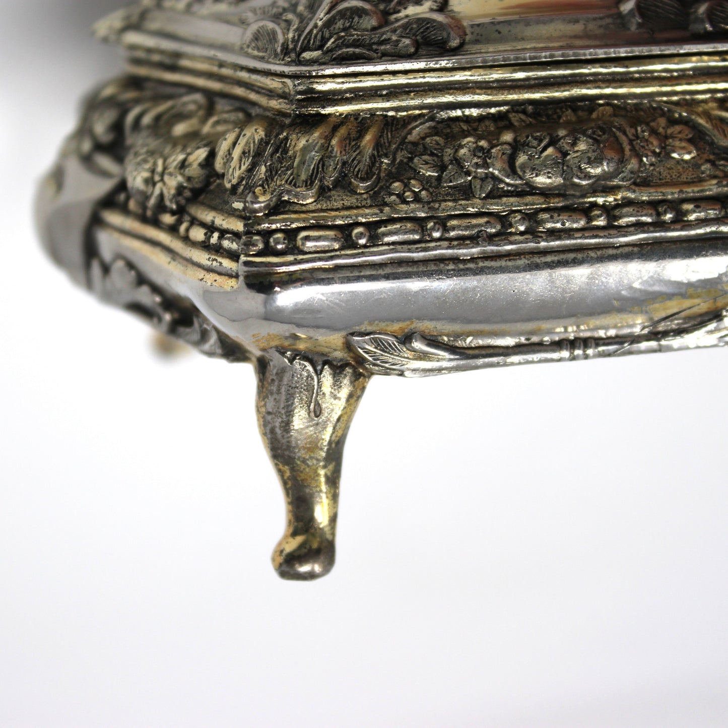 Trinket Box, Jewelry Casket, Hollywood Regency Ornate Roses, Silverplated, Footed, Mid Century Japan