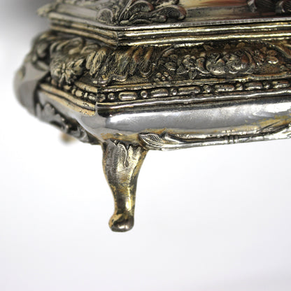Trinket Box, Jewelry Casket, Hollywood Regency Ornate Roses, Silverplated, Footed, Mid Century Japan