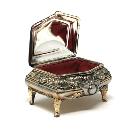 Trinket Box, Jewelry Casket, Hollywood Regency Ornate Roses, Silverplated, Footed, Mid Century Japan