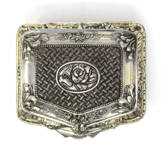Trinket Box, Jewelry Casket, Hollywood Regency Ornate Roses, Silverplated, Footed, Mid Century Japan