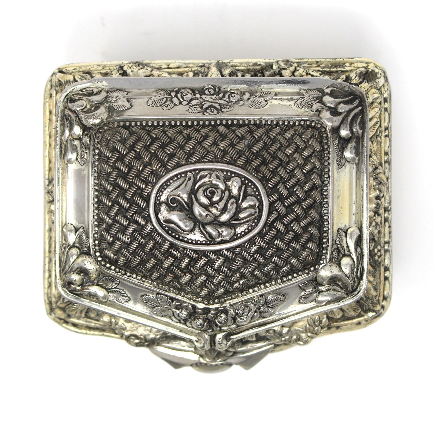 Trinket Box, Jewelry Casket, Hollywood Regency Ornate Roses, Silverplated, Footed, Mid Century Japan
