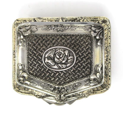Trinket Box, Jewelry Casket, Hollywood Regency Ornate Roses, Silverplated, Footed, Mid Century Japan