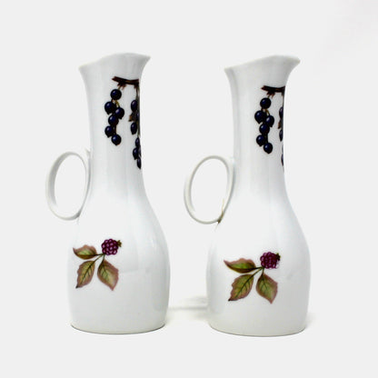 Cruets, Royal Worcester Evesham Gold Oil & Vinegar Porcelain with Wooden Stoppers, England, Vintage 1961