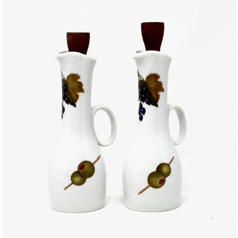 Vintage Cruet Set, Evesham Pattern by Royal Worcester, Oil & Vinegar Dispensers with Wooden Stoppers. Porcelain Condiment Servers