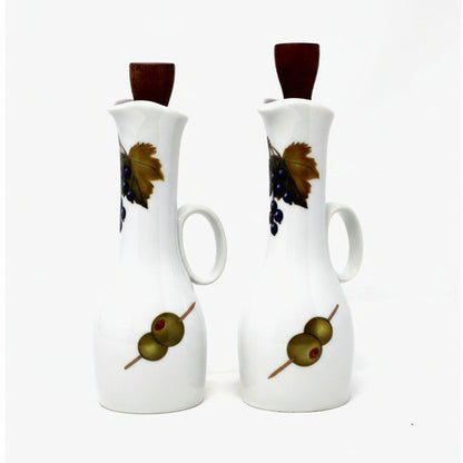 Vintage Cruet Set, Evesham Pattern by Royal Worcester, Oil & Vinegar Dispensers with Wooden Stoppers. Porcelain Condiment Servers