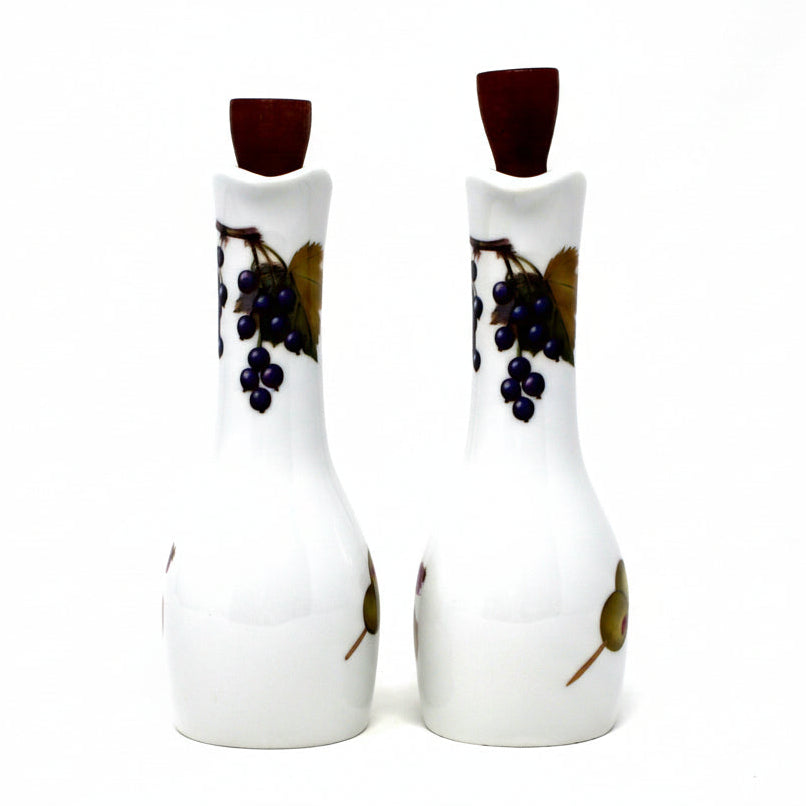 Cruets, Royal Worcester Evesham Gold Oil & Vinegar Porcelain with Wooden Stoppers, England, Vintage 1961