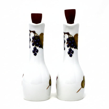 Cruets, Royal Worcester Evesham Gold Oil & Vinegar Porcelain with Wooden Stoppers, England, Vintage 1961