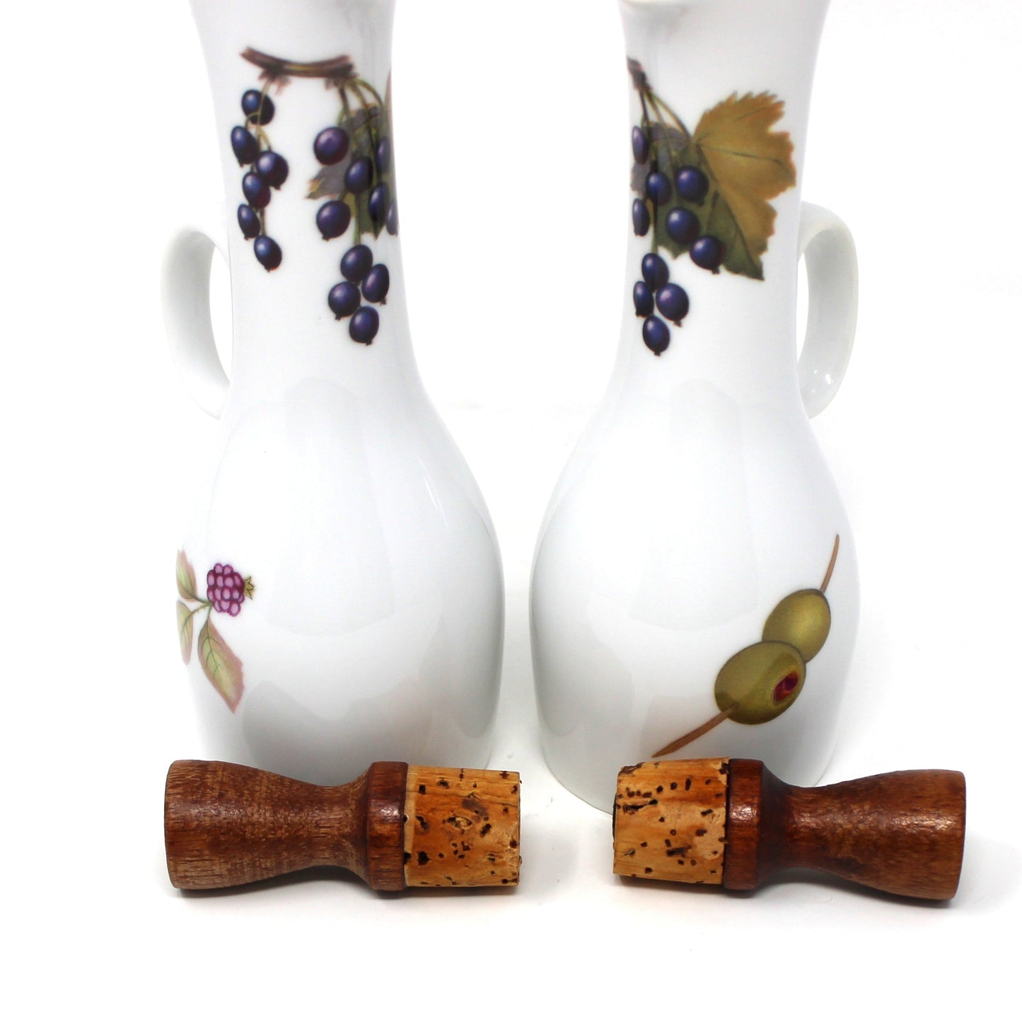 Cruets, Royal Worcester Evesham Gold Oil & Vinegar Porcelain with Wooden Stoppers, England, Vintage 1961