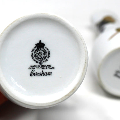 Cruets, Royal Worcester Evesham Gold Oil & Vinegar Porcelain with Wooden Stoppers, England, Vintage 1961
