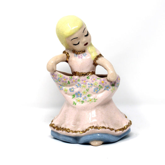 Planter / Vase, DeLee Art Co, Dancing Apron Girl with Braids, Hand Painted California Pottery, Vintage, 1940's