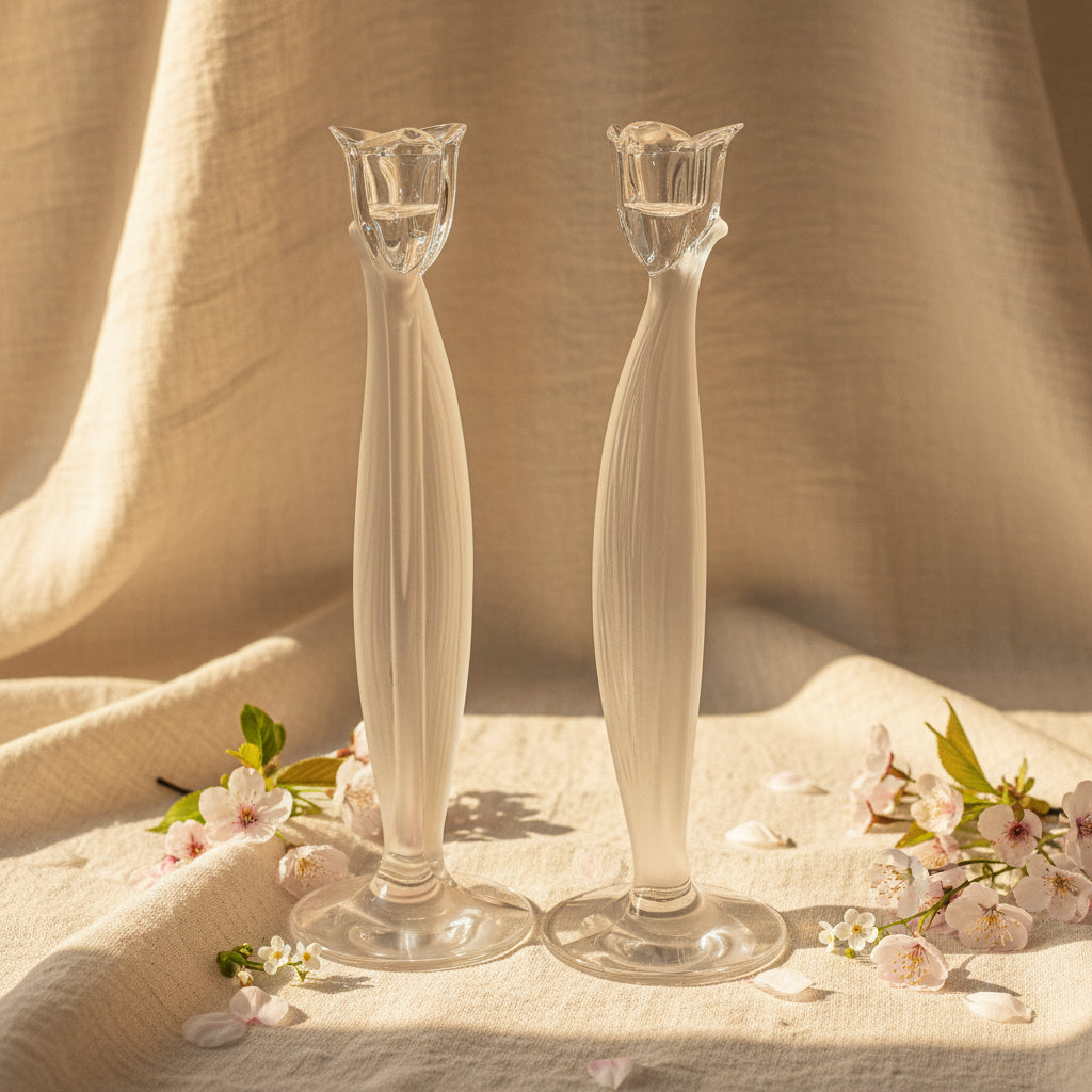 Candle Holders, Mikasa, Spring Aria Pattern, Tulip Shaped Frosted Crystal, Set of 2 Taper 12" Candlesticks, Vintage