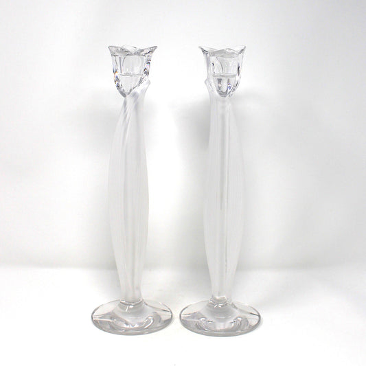 A pair of vintage Candle Holders from Mikasa German Crystal, in the Spring Aria Pattern.  Tulip Shaped, Frosted Full Lead Crystal, Set of 2, 12" Tall, Taper Holders.  