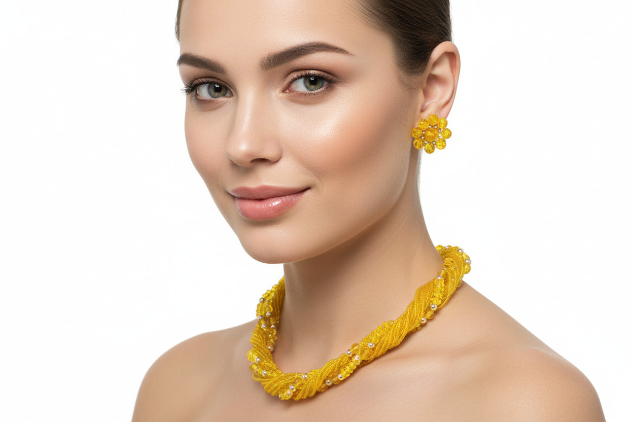 Necklace & Earrings Set, Herguz, Yellow Beaded Torsade with Cluster Floral Design Earrings, Clip, Vintage