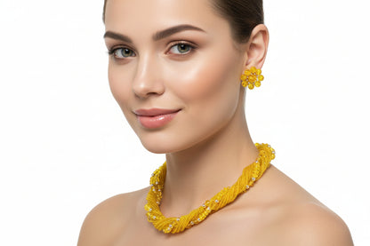 Necklace & Earrings Set, Herguz, Yellow Beaded Torsade with Cluster Floral Design Earrings, Clip, Vintage