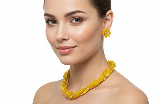 Demi Parure, Herguz, Yellow Multi-Strand Torsade Necklace & Cluster Floral Clip Earrings, Gold Tone, Signed, Vintage 1970s–1980s