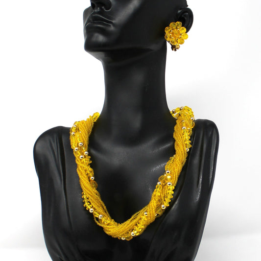 Necklace & Earrings Set, Herguz, Yellow Beaded Torsade with Cluster Floral Design Earrings, Clip, Vintage