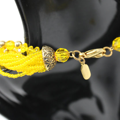 Necklace & Earrings Set, Herguz, Yellow Beaded Torsade with Cluster Floral Design Earrings, Clip, Vintage