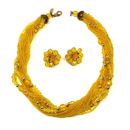Necklace & Earrings Set, Herguz, Yellow Beaded Torsade with Cluster Floral Design Earrings, Clip, Vintage