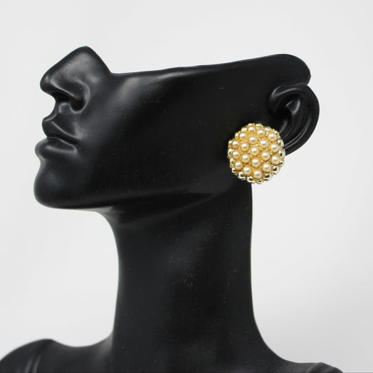 Earrings, Faux Seed Pearl Clusters Bordered with Gold Beads, Clip-On Round Earrings, Vintage