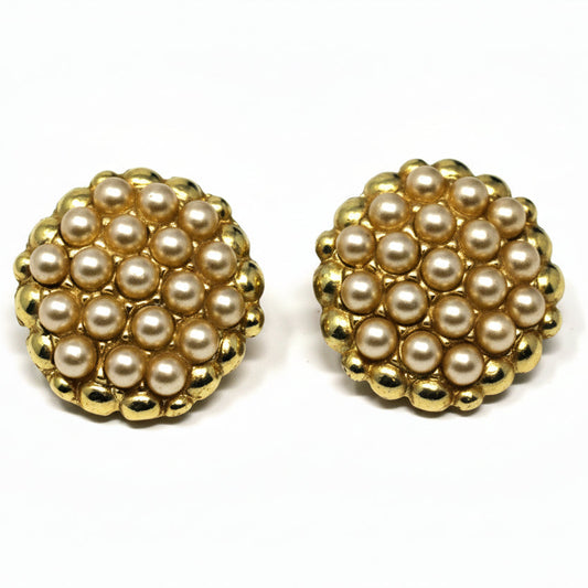 Earrings, Faux Seed Pearl Clusters Bordered with Gold Beads, Clip-On Round Earrings, Vintage