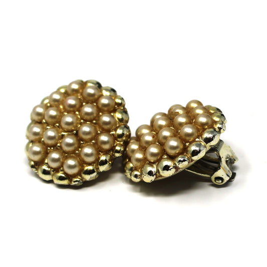 Earrings, Faux Seed Pearl Clusters Bordered with Gold Beads, Clip-On Round Earrings, Vintage