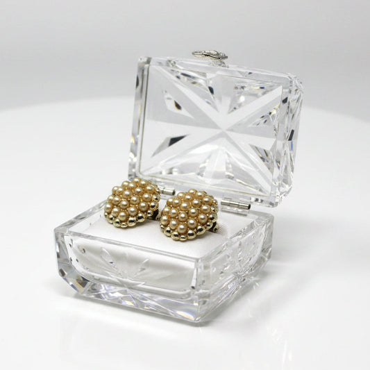 Earrings, Faux Seed Pearl Cluster, Gold Bead Border, Round Clip-On, Vintage 1970s–1980s