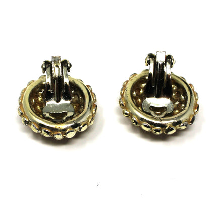 Earrings, Faux Seed Pearl Clusters Bordered with Gold Beads, Clip-On Round Earrings, Vintage