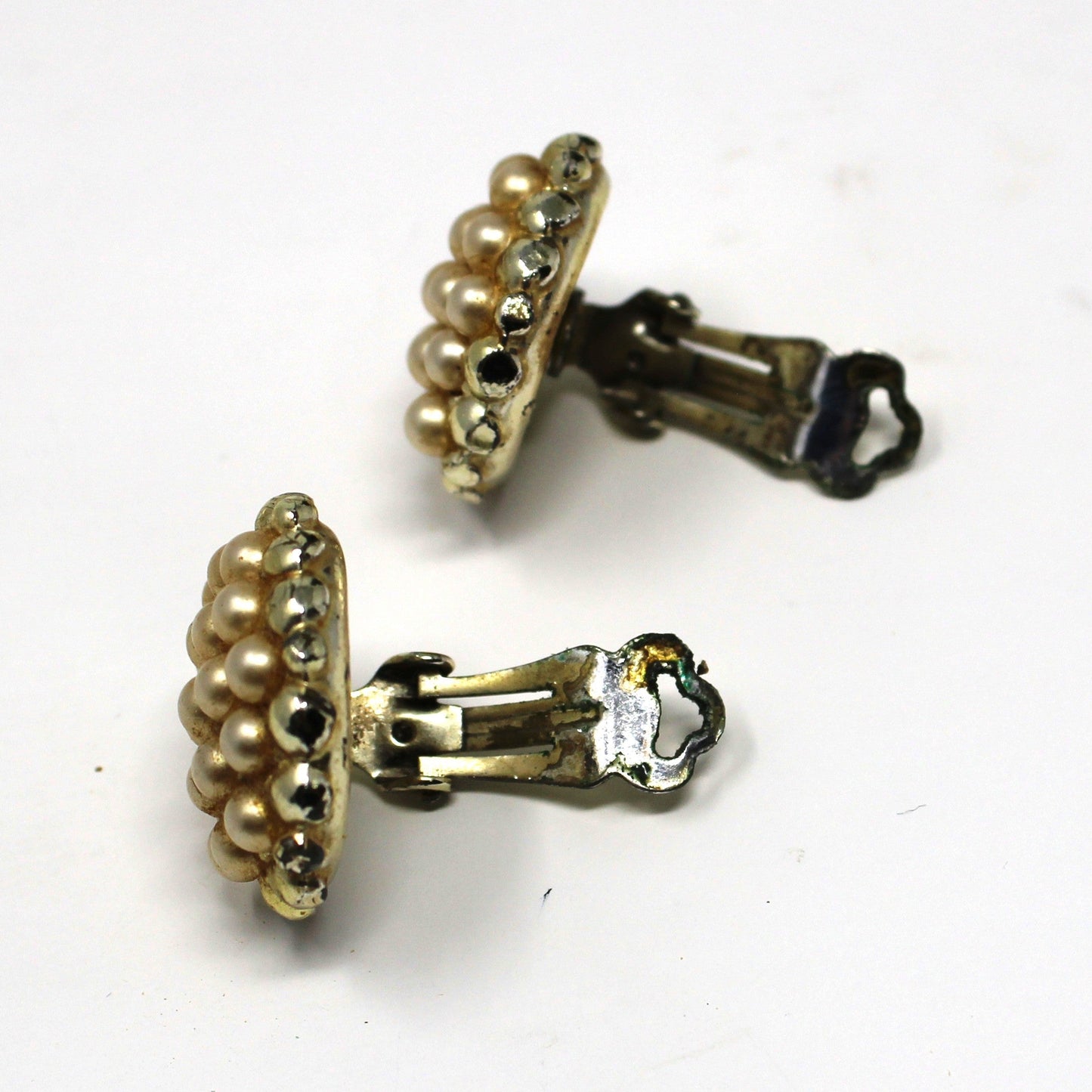 Earrings, Faux Seed Pearl Clusters Bordered with Gold Beads, Clip-On Round Earrings, Vintage